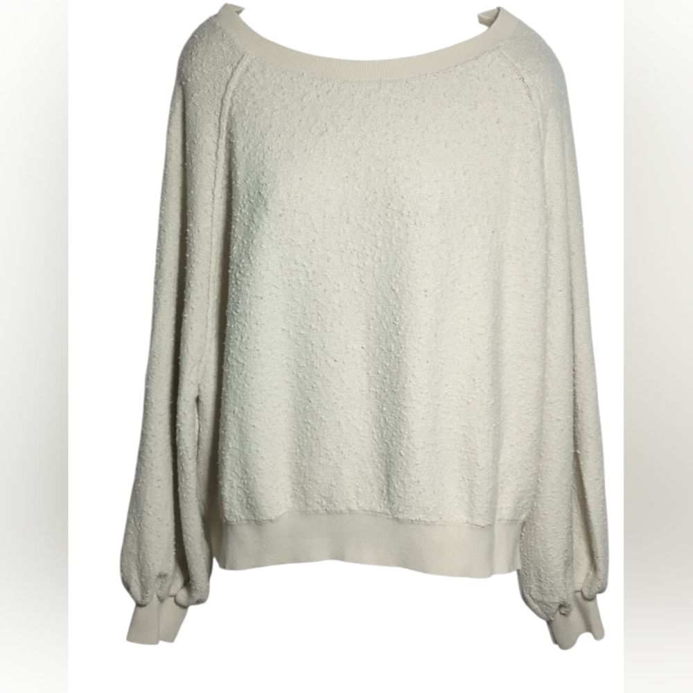 Free People Cream Swiss Dot Textured Crew Neck Sweater Slouchy Pullover Sz L